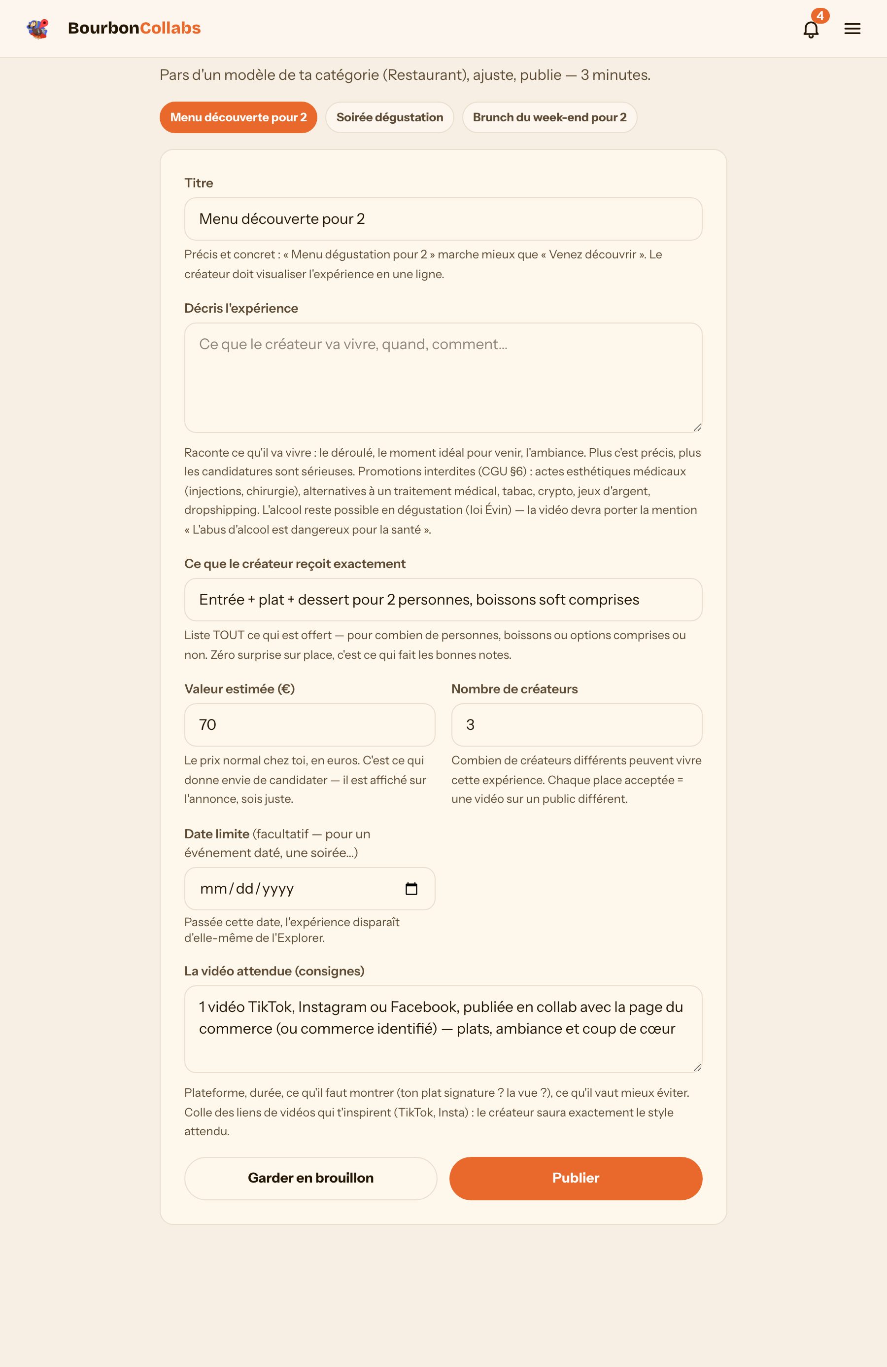 L'écran de création d'expérience avec les modèles préremplis de la catégorie Restaurant